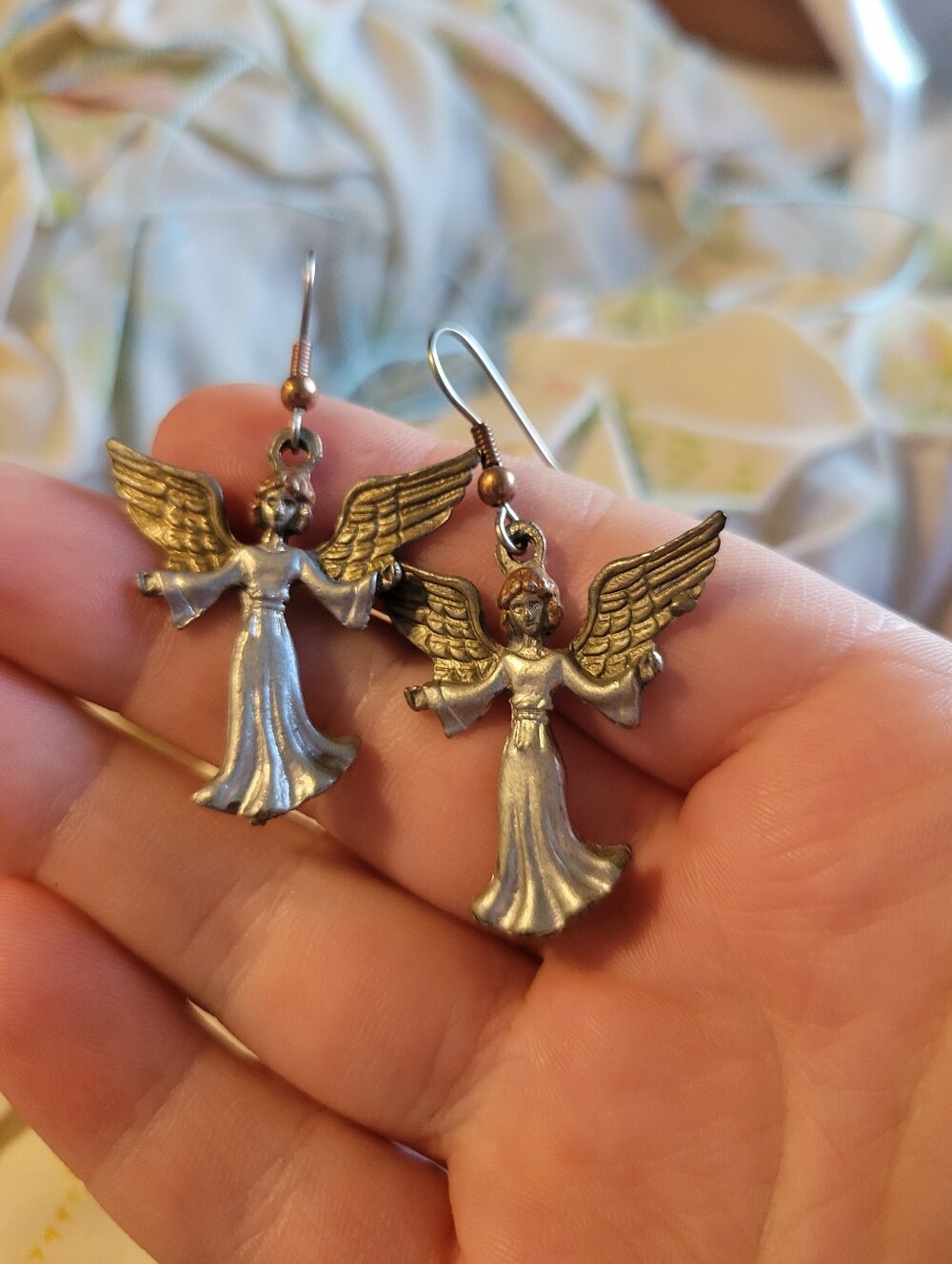 Metal Angel Earrings; Multi-tone On Silver Tone Hooks; Peirced Dangle Vintage